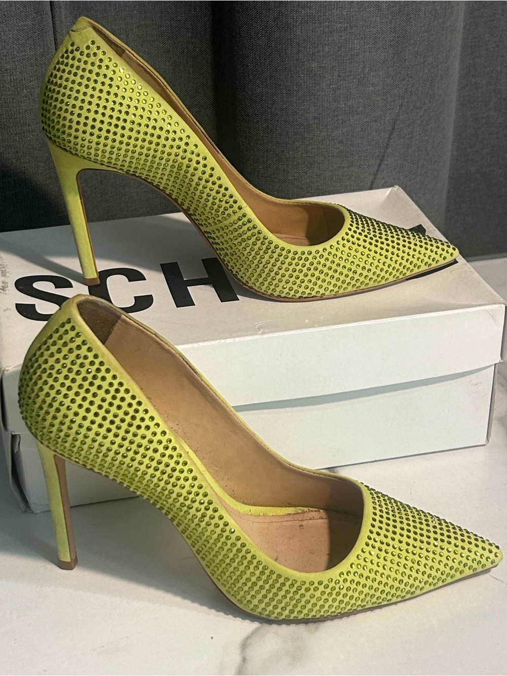 SCHUTZ heels size 9 Lou Crystal wild lime Pointed Toe Stiletto Pumps in box